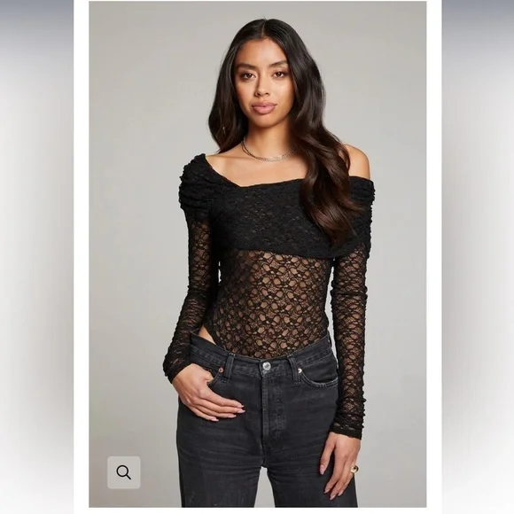 CHASER Black Long Sleeve Stretch Lace Off Shoulder Body Suit - Picture 1 of 9